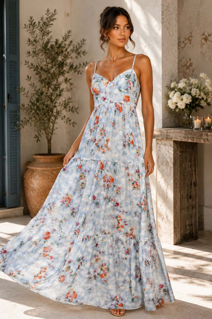 Bohemian Floral Print Spaghetti Strap Backless Tiered Maxi Dress